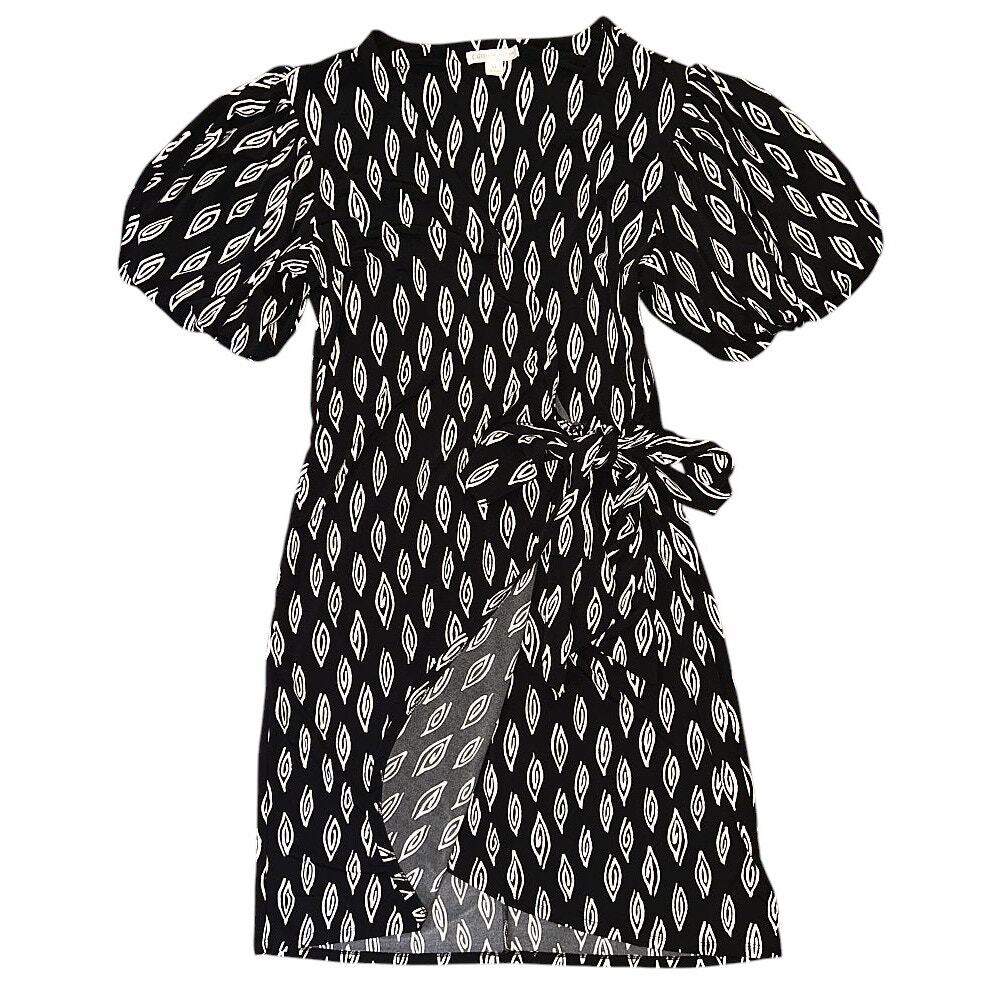 Cato V-Neck Faux-Wrap Stretch Black & White Dress Women's Medium